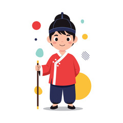 A happy young boy dressed in traditional East Asian attire holding a stick.