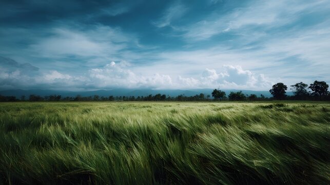 A vast green field of windblown grass stretches towards a dramatic sky filled with dynamic clouds