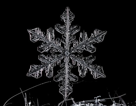 One perfect snowflake in intricate detail isolated on a stark black background, showcasing its unique crystal structure.