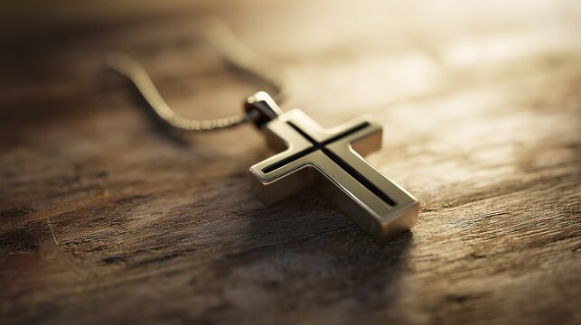 Photoreal still life of a silver cross necklace on weathered wood, warm candlelight with rim highlights, suitable for commercial and spiritual designs
