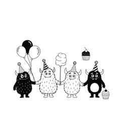 A group of cute monsters celebrating a birthday party with balloons and cupcakes.