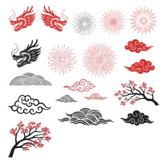 Traditional East Asian artistic elements featuring dragons fireworks and clouds.