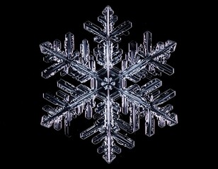 One perfect snowflake in intricate detail isolated on a stark black background, showcasing its unique crystal structure.