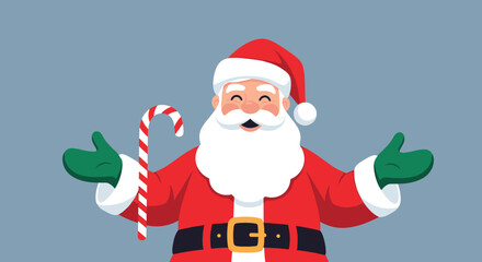 A joyful Santa Claus holding a candy cane stands with open arms ready to celebrate the holiday season.