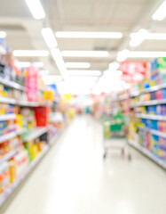 A blurred, out-of-focus view down a brightly lit supermarket aisle with colorful products on the shelves.
