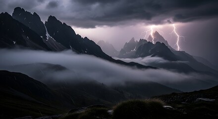Electric Majesty - Forked Lightning Illuminates Jagged Peaks Through Swirling Storm Clouds and Fog.