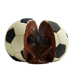 Hyperrealistic macro shot of a gourmet dessert shaped like a black and white soccer ball with white & dark chocolate panels, revealing molten ganache & steam, on transparent. Concept of culinary