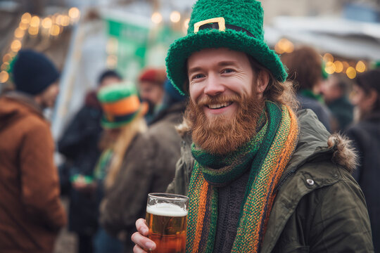 A man with a green hat and beard is smiling and holding a glass of beer - Powered by Adobe