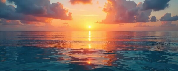 Vibrant sunrise over calm ocean; evokes serenity and tranquility, perfect for wellbeing and mindfulness themes Ideal for health, yoga, spa, meditation imagery , wellness, sun