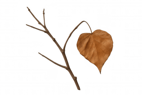Dry autumn leaf hanging from a bare branch against transparent background, symbolizing fall season and natural change - Powered by Adobe