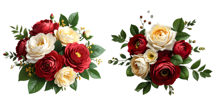 Two beautiful bouquets of red and cream roses and peonies with green leaves, isolated on a white background.