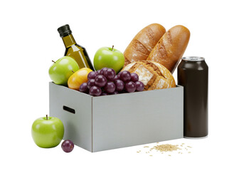 Isolated grocery shopping box overflowing with assorted produce, ready for delivery, full of food
