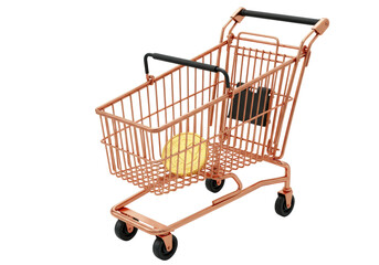 Isolated, shopping cart with bitcoin and money, gold color, coin, black handle, commerce