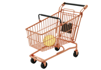 Isolated, shopping cart with bitcoin and money, gold color, coin, black handle, commerce