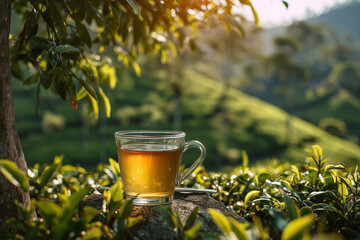 A cup of tea is sitting on a rock in a lush green field