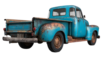 Vintage turquoise pickup truck with rust isolated on transparent background