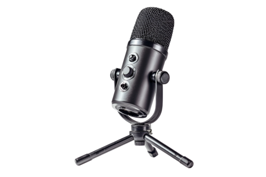 Retro style condenser microphone on tripod isolated on transparent background