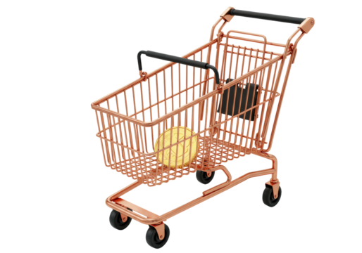 Isolated, shopping cart with bitcoin and money, gold color, coin, black handle, commerce