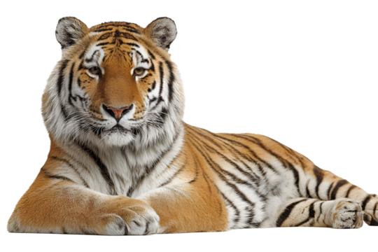 Majestic bengal tiger lying down isolated on transparent background