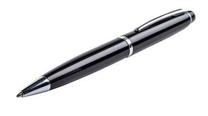 Elegant black ballpoint pen with silver accents isolated on transparent background