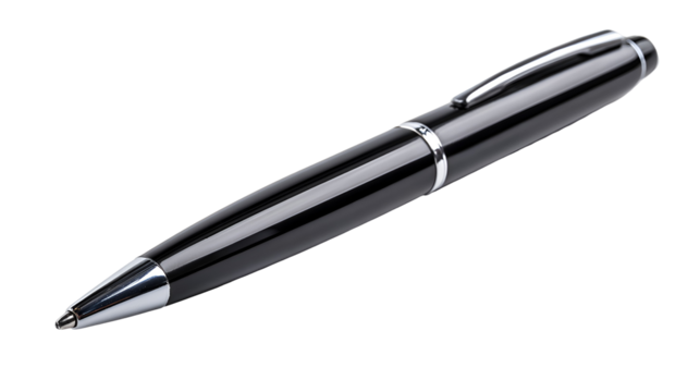 Elegant black ballpoint pen with silver accents isolated on transparent background