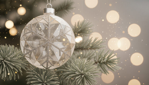 Silver Snowflake Ornament on Christmas Tree with Warm Bokeh Lights