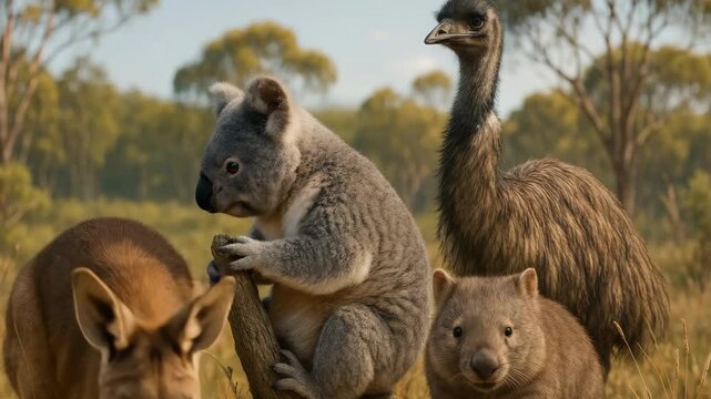 A wildlife video still featuring a kangaroo, koala, emu, and wombat in a natural setting. Captured at eye level, showcasing their unique features. Live desktop wallpaper.