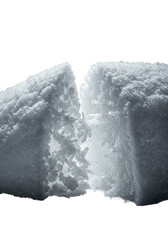 Extreme macro of pristine snowdrift, fresh cut revealing hyper-crystalline interior, dense layers, shimmering ice crystals, and frosty mist on transparent, dramatic studio light, concept of winter