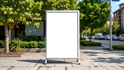Blank white outdoor advertising board on city sidewalk with green trees and parked cars in background