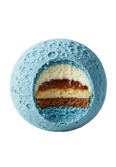 Spherical gourmet dessert, blue, pink, 'lunar dust' coating. Bite reveals layered cream, cake, ganache, isolated on gray, dramatic macro close-up, deep shadows Concept of high-end indulgence