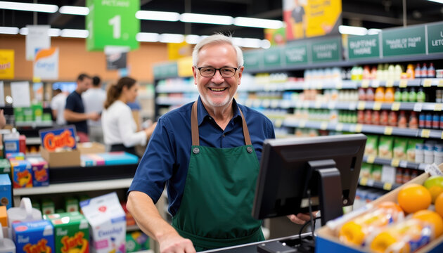 Smiling senior cashier wearing green apron working at checkout counter in supermarket with fresh produce and products