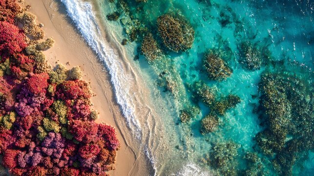 Aerial view of a tropical beach with colorful coral reefs and clear blue water
