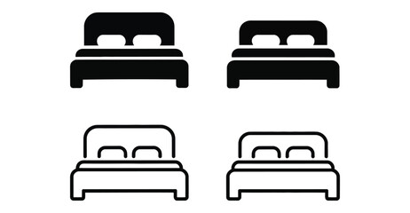 Bed icon set with headboard and pillow details—solid and outline styles for hospitality, sleep apps, interior design, and signage 