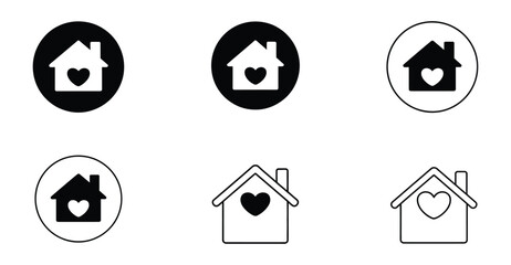 Home and heart icon set in circular, solid, and outline styles—ideal for care, love, housing, family apps, and emotional branding 