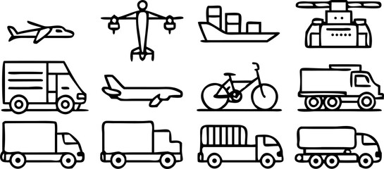 Collection of diverse transportation modes line art icons simple graphics set