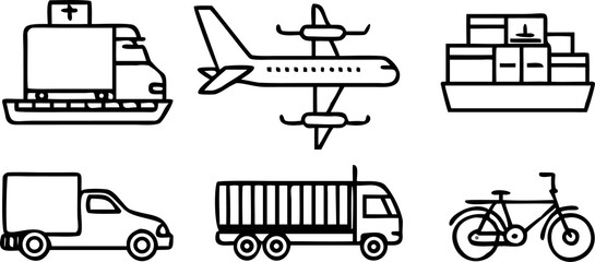 Collection of simple line art icons representing various modes of transportation and shipping