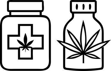 Two simple black outline icons representing medical cannabis products and marijuana leaf symbol
