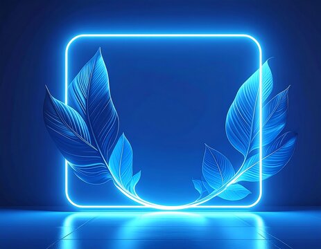 Glowing blue neon frame with leafy design on a dark, shiny surface