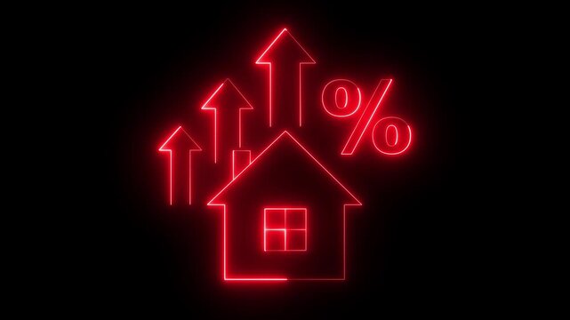 glowing neon Property Tax Icon animation. Real estate investment concept. glowing house with a percentage sign and two upward arrow symbolizing the rise in property value and real estate market growth