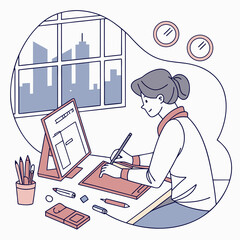 Graphic designer working creatively at desk with digital drawing tablet and cityscape view