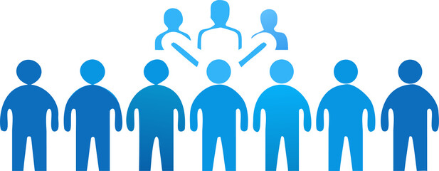 Stylized human figures arranged in a hierarchy symbolizing teamwork and organization