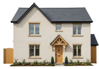 Isolated two-story house with blue slate roof, front entrance, and small front garden bed