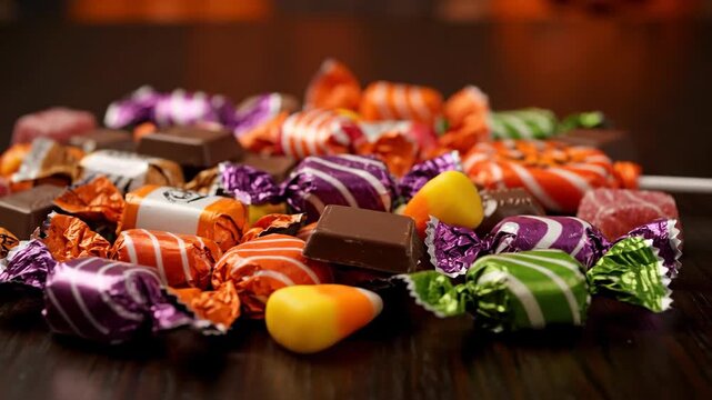 Colorful Assortment of Candy on Dark Wooden Surface
