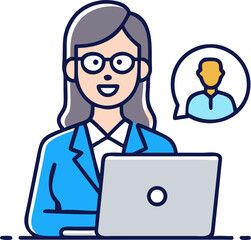 Professional woman leader working on laptop with remote team member communication icon