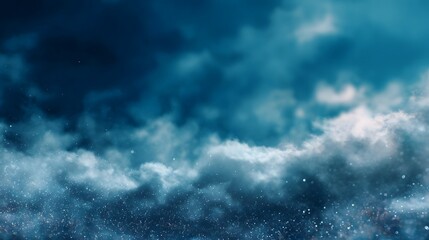 Fototapeta premium Ethereal clouds drift in a dramatic dark blue sky with shimmering particles and soft bokeh