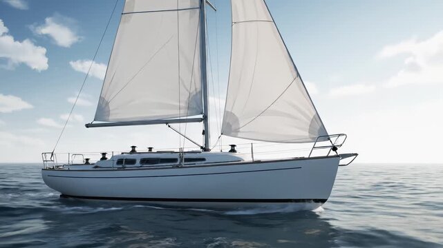 Sailing yacht gracefully glides across calm waters, showcasing billowing sails and serene ocean backdrop, camera follows with smooth dolly movement