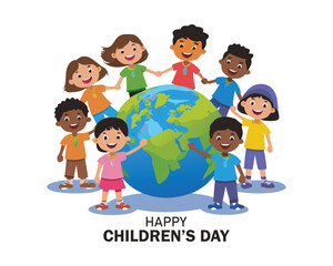 Smiling children holding hands around the world Children's Day concept.
