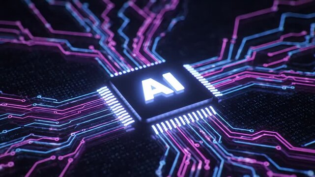 Closeup of a futuristic ai processor chip with glowing neon blue and pink circuit board traces on a dark background, symbolizing artificial intelligence and advanced technology