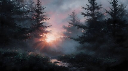 Obraz premium Golden sunbeams pierce the dense misty forest canopy at sunrise casting ethereal light and shadows over a tranquil woodland path and stream