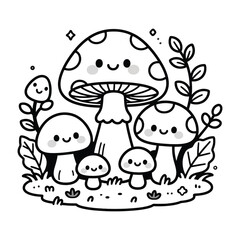 Cute Kawaii Mushroom Family Black and White Outline Vector Illustration for Coloring Book or Sticker Design
